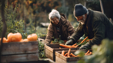 an elderly couple picking vegetables in the backyard, autumn tones, wooden boxes with pumpkins and carrots, warm clothes, loving teamwork, vegetable garden, harvest. Home economics, farm