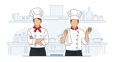 Two professional chefs working together in a modern restaurant kitchen preparing delicious meals for hungry diners