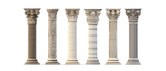  ancient greek columns in different styles, on a white background, vector graphics, 3d render, hyper-realistic, professional photography, high resolution, highly detailed, high definition