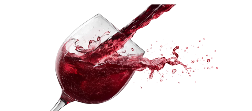 a glass being filled with red wine, isolated against a white background. the red wine creates a splash, resulting in a vibrant red color. this image is in the png file format with transparent elements