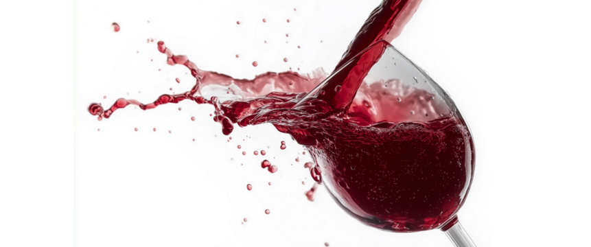 a glass being filled with red wine, isolated against a white background. the red wine creates a splash, resulting in a vibrant red color. this image is in the png file format with transparent elements