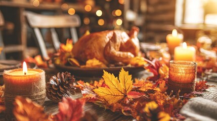 Thanksgiving decorated table with roasted turkey, autumn garlands, candles, festive warm atmosphere, holiday dinner celebration, seasonal lifestyle concept.