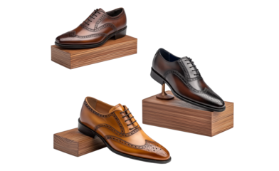 three different styles of men's shoes on display stands: a leather shoe with pointy toes and a wooden base, classic-style dress shoes in a brown color, and brogues in a black color and a leather mid-c