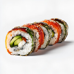 Sushi Rolls with Avocado and Fish Roe Isolated on White Background