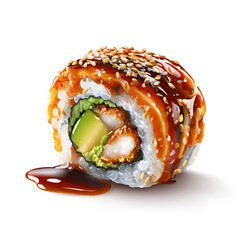 Sushi Rolls with Avocado and Fish Roe Isolated on White Background