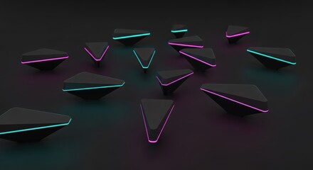 Dark futuristic background with floating triangular objects and glowing neon lights.