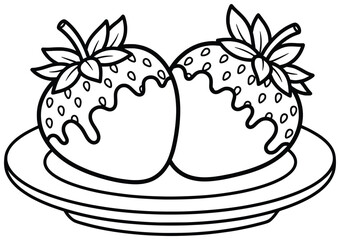 Strawberry dessert illustration with two chocolate dipped berries on a plate created in clean black and white vector line art style for educational projects, coloring pages
