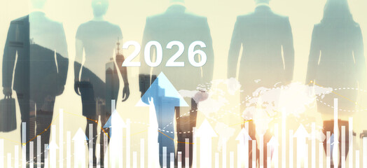 Business growth concept with office worker silhouettes against abstract rising arrows and 2026 year