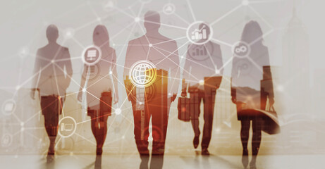 Telecommunications network with global connections and data exchange on digital background