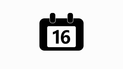 Black Calendar Icon with Number 16 on White Background sixteen