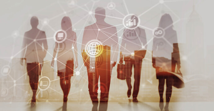 Telecommunications network with global connections and data exchange on digital background