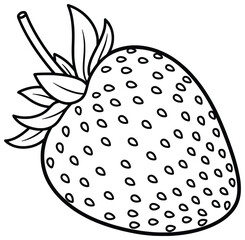 Strawberry illustration of a single ripe fruit with stem and leaves drawn in a clean black and white vector line art style designed for educational use, coloring pages and creative design projects