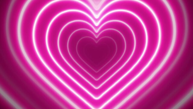 Fototapeta Bright pink neon heart shape tunnel animation with concentric rings and dark background image photo