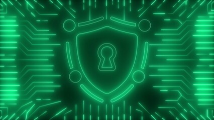 Neon Shield Icon with Keyhole Symbol and Circuit Board Pattern in Vibrant Green cybersecurity security