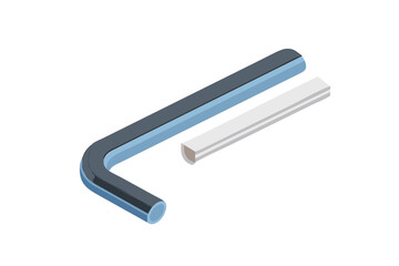 An lshaped dark blue hex key and a white rectangular object