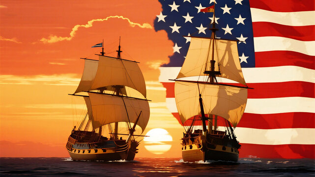 Columbus Day Majestic sailing ships on the open sea at sunset, embodying American history and maritime exploration, perfect for travel blogs or patriotic themes