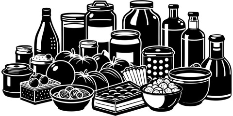 A high-resolution, realistic image of a large assortment of grocery store food items neatly arranged on a white reflective surface. The scene includes various packaged goods such as breakfast cereals,