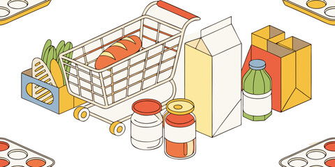 A high-resolution, realistic image of a large assortment of grocery store food items neatly arranged on a white reflective surface. The scene includes various packaged goods such as breakfast cereals,