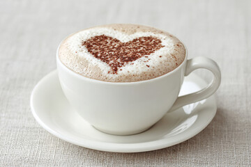 cozy cup of cocoa topped with charming ar heart in foam sits on pristine white table