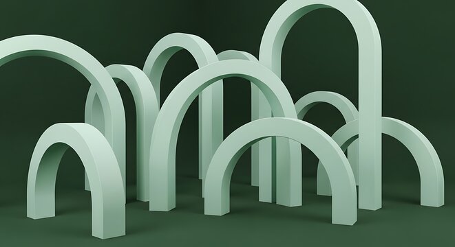 Architectural arches in muted green palette creating repeating patterns