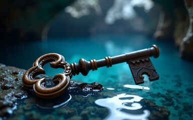 Ornate Rusted Key in a Dark Cave with Blue Water. High quality