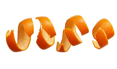 orange peels flying in the air on a white background, in a flat lay composition. isolated orange peel spirals flying in different directions, set against a transparent png background. flat lay. 