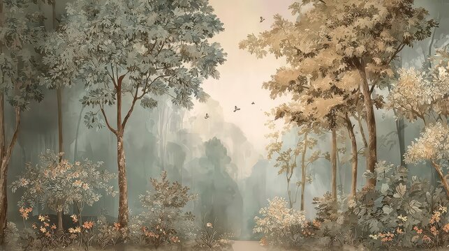 Wall painting with the image of trees and forest. Design for wallpaper, photo wallpaper, frescoes, wall painting and other works.