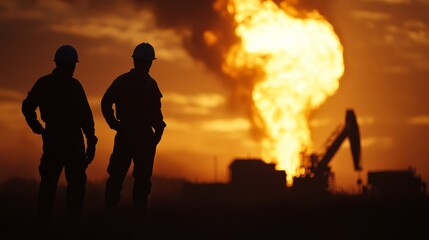 Obraz premium Oil field explosion industrial site photography dramatic sunset silhouetted workers energy crisis concept