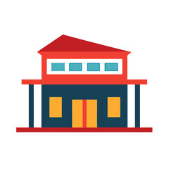 Modern flat design building with red roof and blue walls