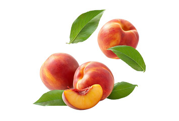 fresh peaches with leaves, isolated on a white background, in close-up. fruits flying through the air, for a summer concept design. flat lay style