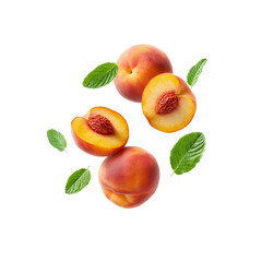 fresh peaches with leaves, isolated on a white background, in close-up. fruits flying through the air, for a summer concept design. flat lay style
