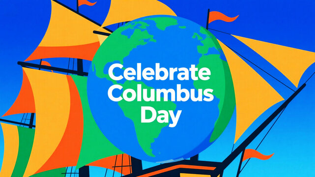 Celebrate Columbus Day with a vibrant ship sailing across a blue and green globe, perfect for holiday promotions, educational materials, and historical events