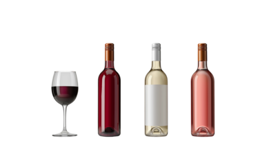 four wine bottles of different colors and shapes, one is red, the other white or rosé-colored, next to them there's an empty glass with dark pink wine inside, isolated on a white background, photoreal