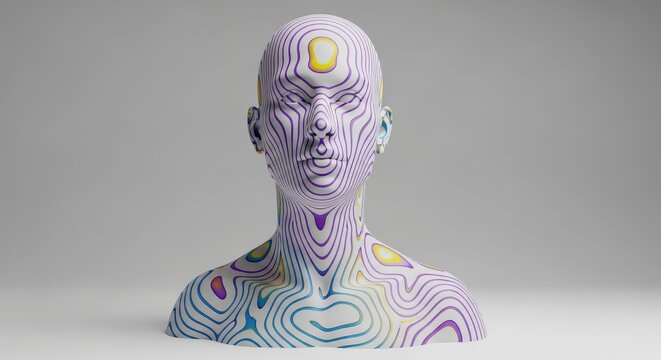 Futuristic android bust with colorful topographic layered patterns. - Powered by Adobe