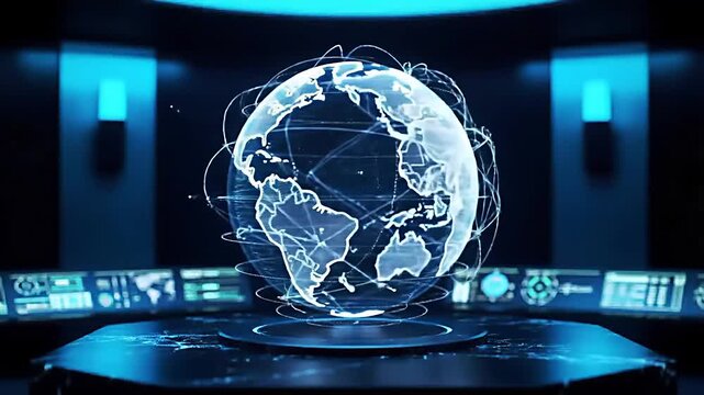 Futuristic holographic globe displaying global network connections in a high-tech control room with multiple data screens. - Powered by Adobe