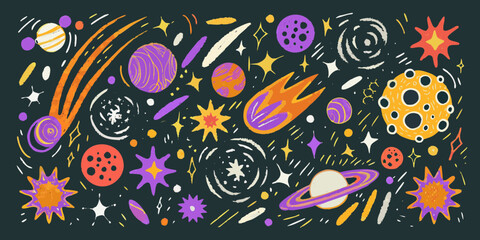 Vibrant hand drawn space illustration with planets stars comets and galaxies on dark background © Ripan
