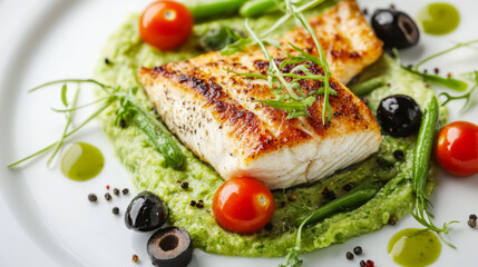 Grilled Fish Fillet on Green Puree with Fresh Vegetables