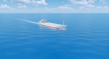 Fototapeta premium White cargo ship sailing on a calm ocean under a partly cloudy sky. Large vessel in motion on the open water.