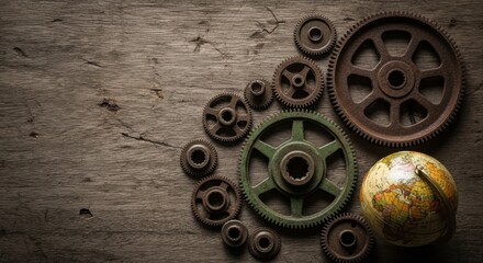 Collection of antique rusted gears and a small globe arranged on a textured wooden surface isolated on white background