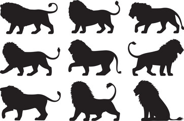 nine lion silhouette vectors in various poses wildlife big cat animal illustration design element for creative projects