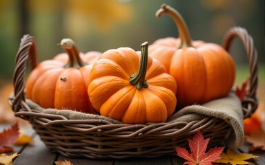 Autumn Harvest Pumpkins in a Basket with Falling Leaves. High quality