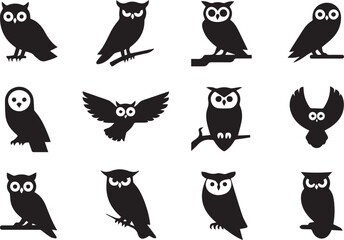 set of 12 black owl silhouettes in unique poses minimal vector illustration for design templates and wildlife projects