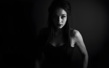 Mysterious Woman in Monochromatic Portrait with Dramatic Lighting. High quality