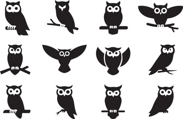 owl silhouette bundle twelve variations black vector graphics ideal for logos icons decoration wildlife themes