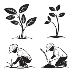 “Seedling Sprout Icons Set – Minimalist Plant Growth Silhouettes”