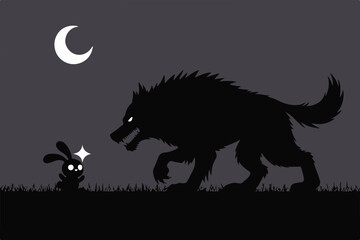 dramatic silhouette vector of menacing wolf stalking frightened bunny under crescent moon in night forest scene