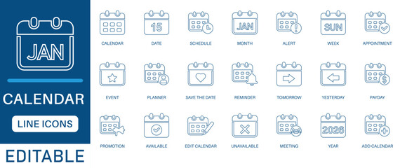 Calendar icon set. featuring date, schedule, month, week, appointment, agenda, organization and event icons. perfect line icon collection.