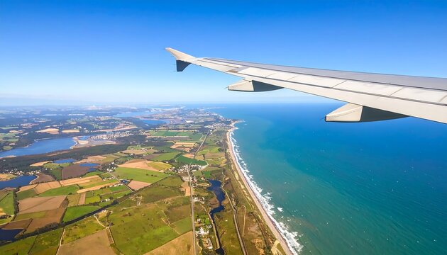 Fototapeta Aerial view of coastline under blue sky, seen from plane window with wing