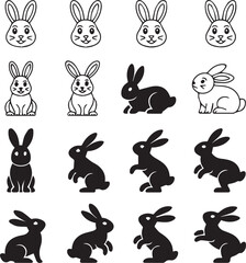 cute rabbit silhouettes and illustrations 16 pose design elements vector set ai eps jpeg png