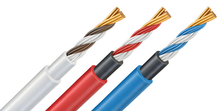 Three twisted pair electrical wires with exposed copper strands and colored insulation